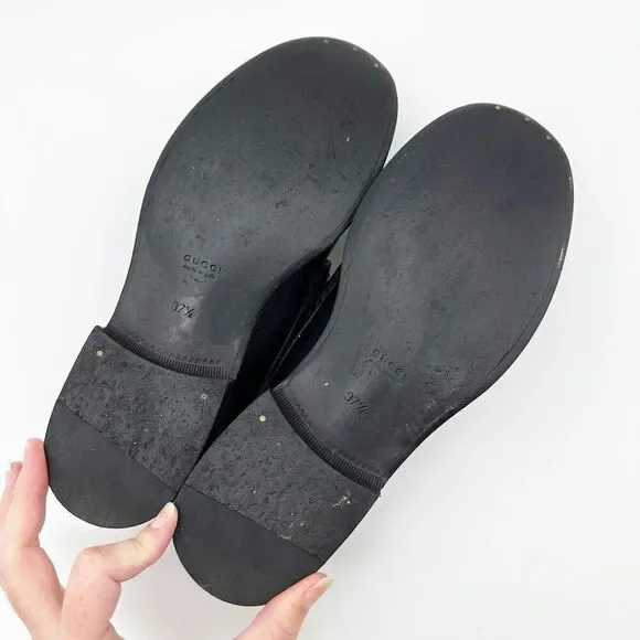 GUCCI Cara Signature Letters Logo Black Loafers Size 37.5 Leather Flat Shoes - Picture 12 of 14